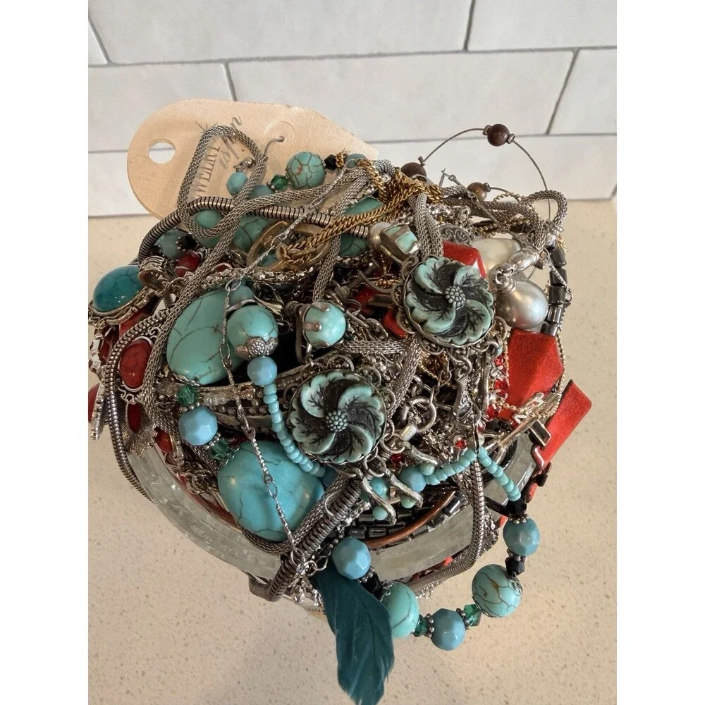 LARGE VTG Native Boho Mystery Jewelry Jar Turquoise Silver Gold Tone Bead